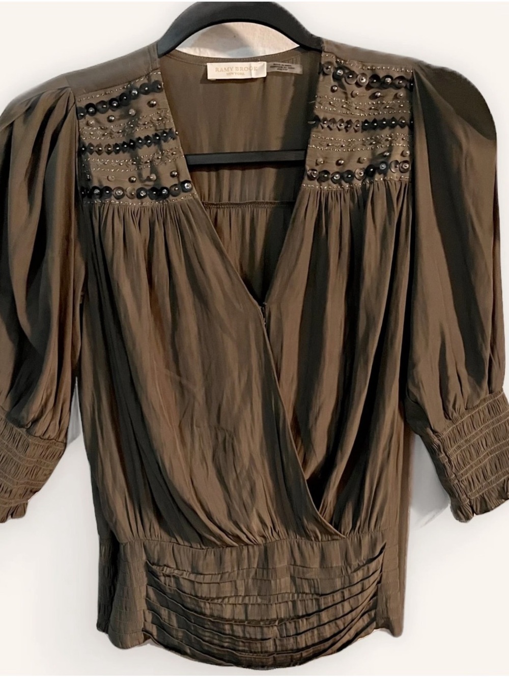 Ramy Brook Olive Beaded Puff-Sleeve Blouse